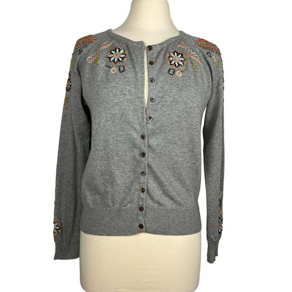 SUNDANCE | Gray Beaded Embroidered Button Up Boho Cotton Cardigan | Women's M - Picture 1 of 9